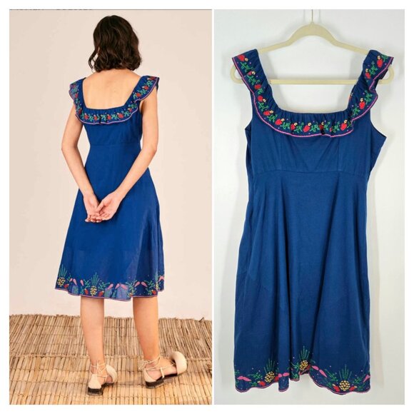 Farm Rio Blue Cross Stitch Embroidered Midi Dress w/ Ruffle Women's Size Medium - Picture 8 of 12
